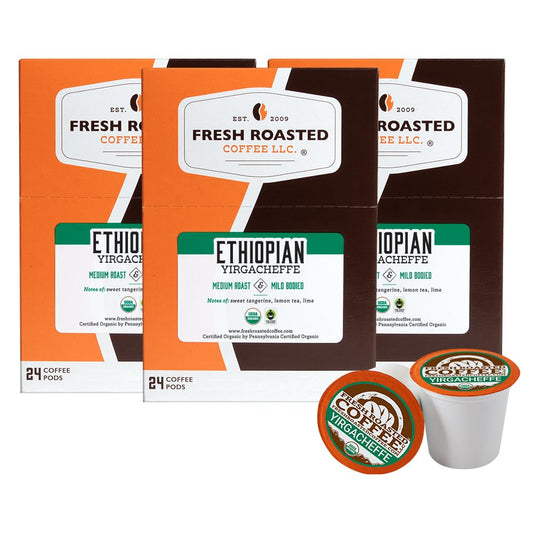 Fresh Roasted Coffee, Organic Ethiopian Yirgacheffe | USDA Organic, Mold & Myco 3rd Party Tested, Kosher | 72 Pods for K Cup Brewers