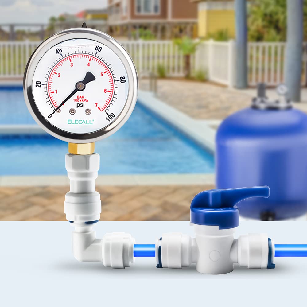 ELECALL 2-1/2” Glycerin Filled Pressure Gauge, 0-100Psi, 1/4”NPT Lower Mount, Stainless Steel Case, Brass Internals, Water Pressure Gauge