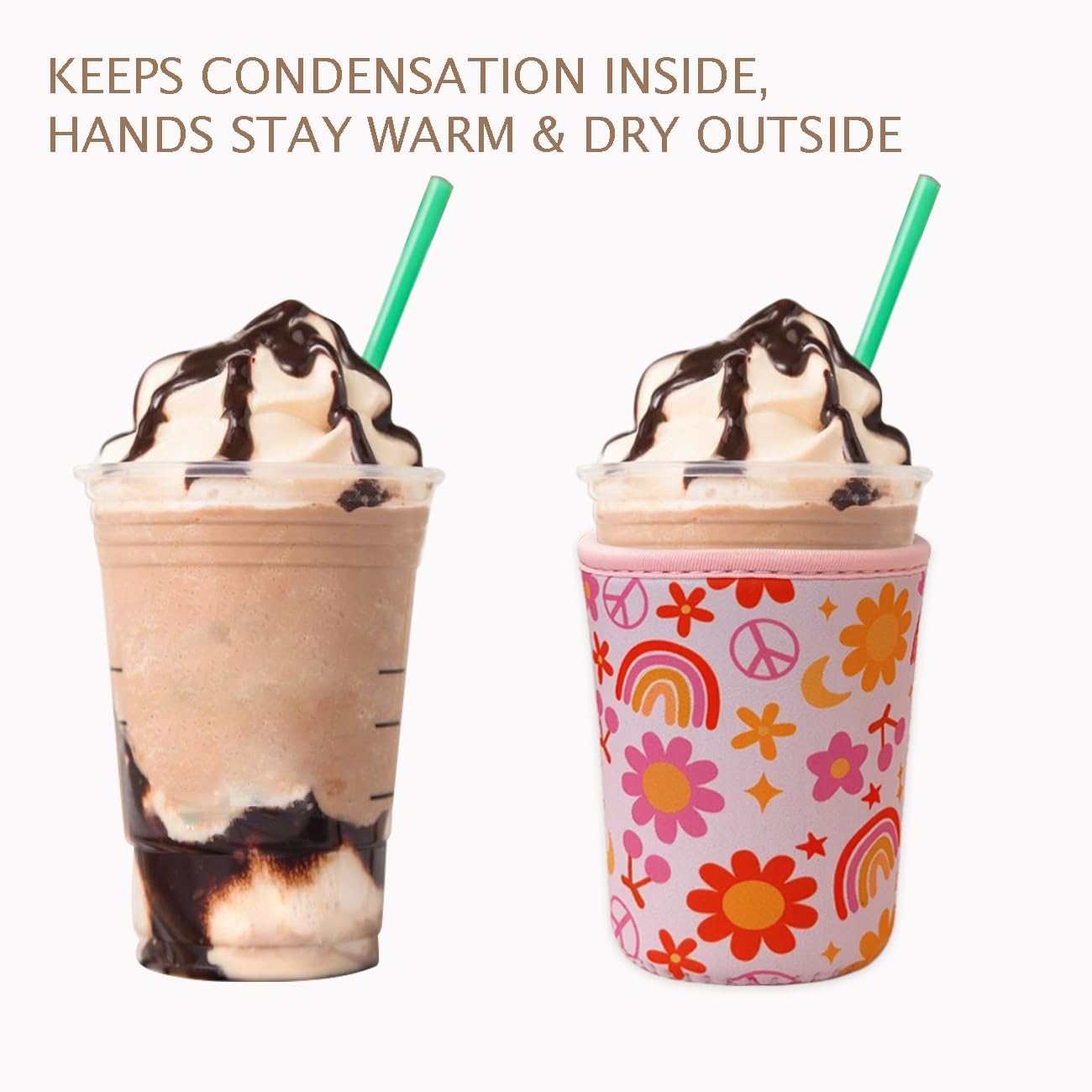Reusable Insulated Neoprene Iced Coffee Cup Sleeve, Durable Drink Sleeve for Cold Beverages, Beverage Holder for Iced Coffee, Groovy Flower