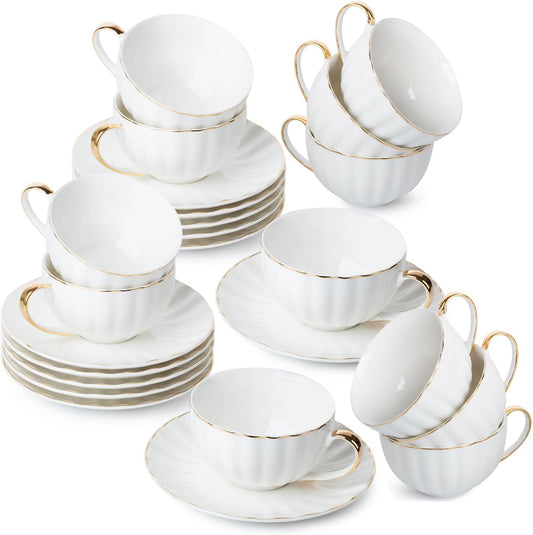 BTaT- White Tea Cups and Saucers Set of 12 (7 oz), Porcelain White Tea Cup Set of 12 with Golden Trim Design, Dishwasher Safe