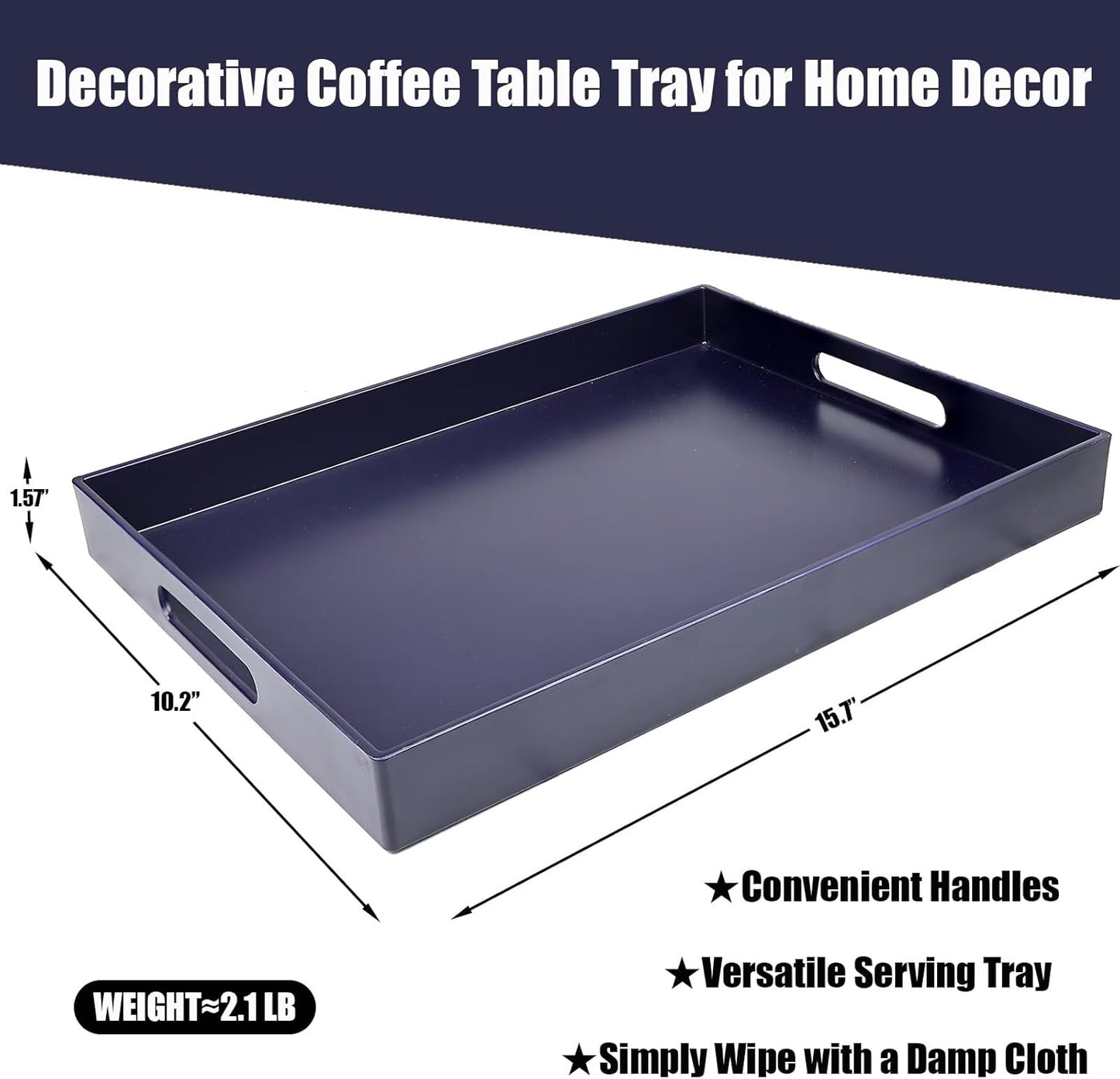 Navy Blue Serving Tray for Coffee Table, Rectangular Plastic Decorative Tray with Handles for Entertaining, Outdoor Patio, Living Room, Ottoman, Bathroom Counter, 11.8”*15.7”*1.6”