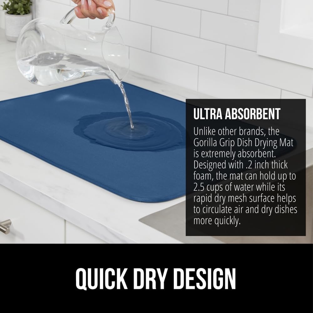 GORILLA GRIP Ultra Water Absorbent Microfiber Dish Drying Mat, Quick Dry Thick Mesh, Slip Resistant Pad for Sink Dishes or Under Rack, Kitchen Counter Accessories, 16x18, Machine Wash, Blue