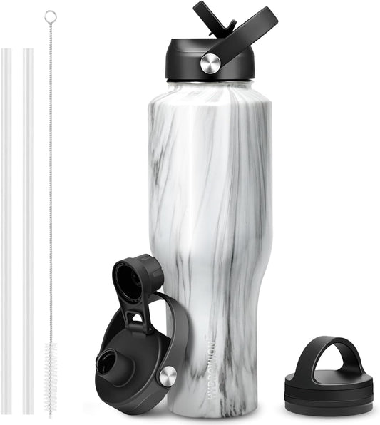 HYDROWION Water Bottle Stainless Steel,Vacuum Insulated Leak Proof Tumbler 32oz with Straw Lid, Spout Lid and Flex Cap(Cold for 48 Hrs, Hot for 24 Hrs), Fit in Any Car Cup Holder, Marbling