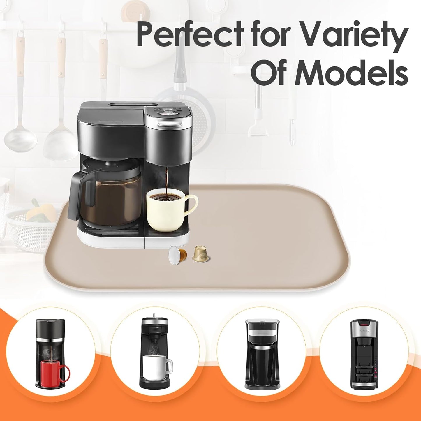 Silicone Coffee Maker Mat with Lip, 24'' x 16'' Heavy Duty Coffee Maker Mat for Countertops, Coffee Tray Fit Under Coffee Machine Appliance Automatic Machines Espresso Accessory, Khaki