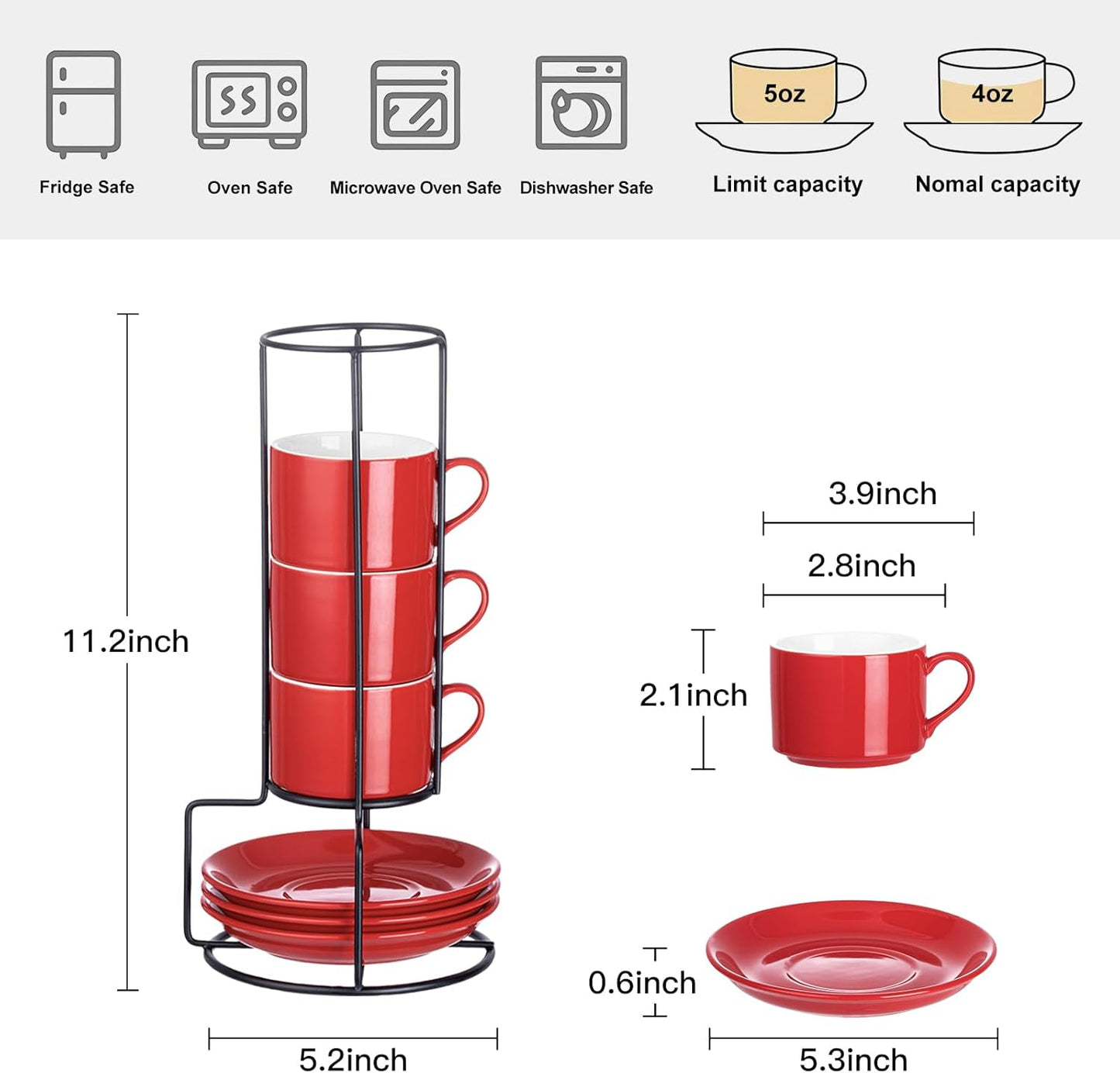 4oz Porcelain Stackable Espresso Cups with Saucers and Metal Stand Set of 4, Stackable Cappuccino Cups, Red Expresso Shots Cup Set for Coffee Drinks, Latte, Americano, Tea