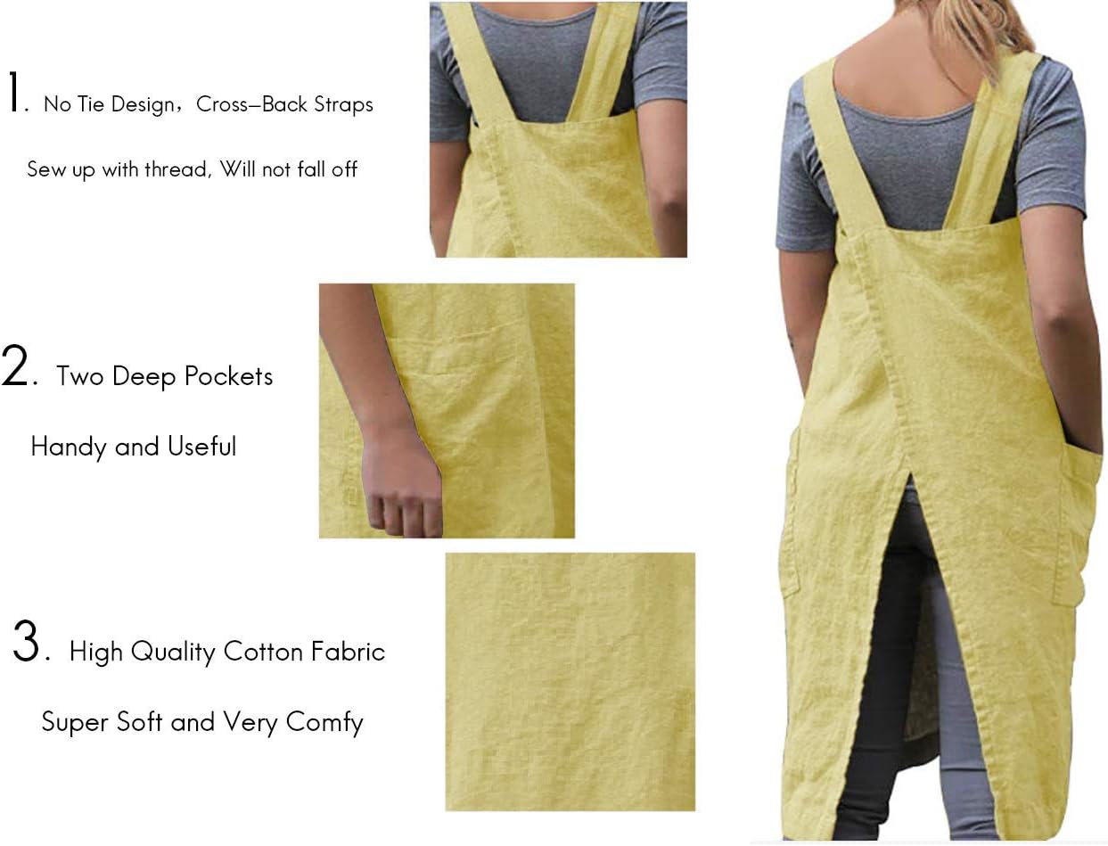 Women's Pinafore Square Apron Baking Cooking Gardening Works Cross Back Cotton/Linen Blend Dress with 2 Pockets