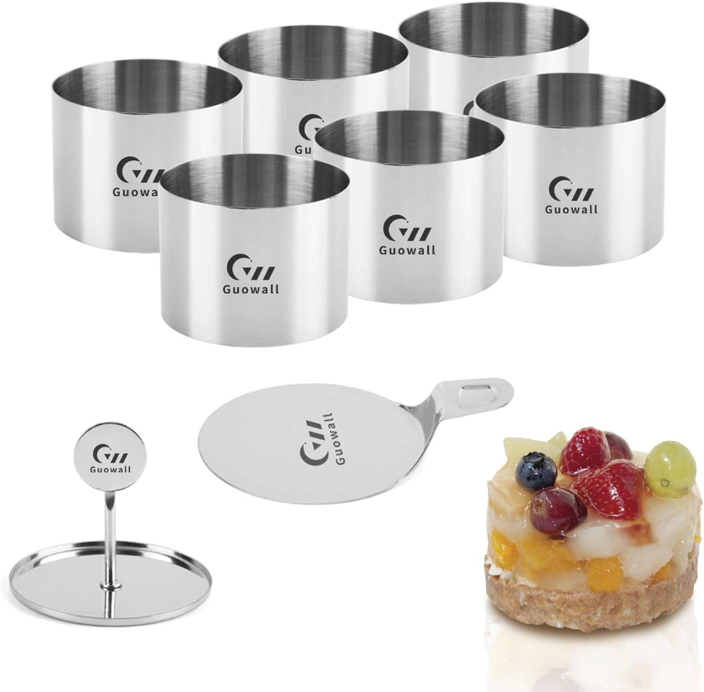 Guowall 6 Pack Seamless Cake Ring Molds Stainless Steel Mousse Rings 3 Inch Round Pastry Cutter for Baking (Includes 6 Rings 1 Pusher and 1 Lifter)