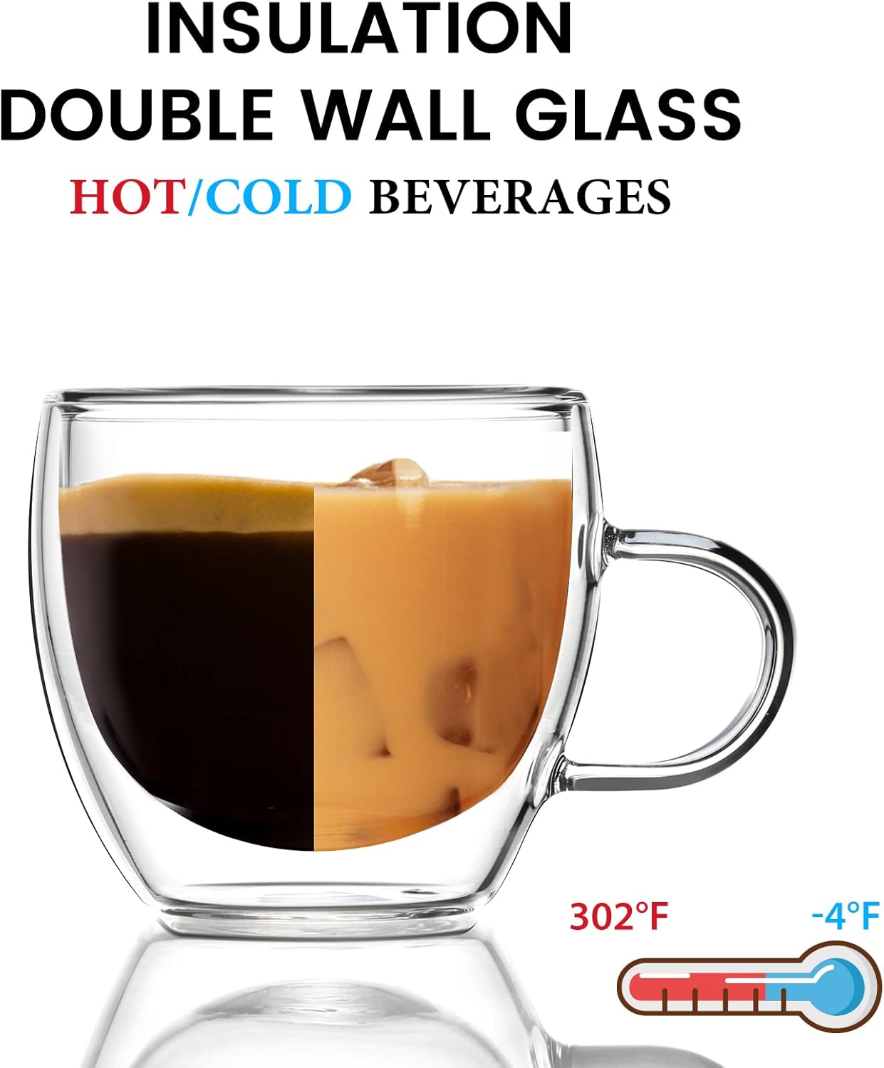 ZONEYILA Double Walled Glass Coffee Mugs 8oz, Insulated Borosilicate Glass Coffee Cups Set of 4, Clear Glasses Mug with Handle for Espresso, Cappuccino, Tea, Hot Beverages