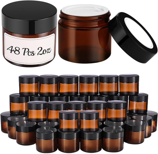 2 oz Small Glass Jars with Lids, Bumobum 48 pack Round Amber Glass Candle Jars with Black Lids, White Labels & Inner Liners, Empty Cosmetic Containers for Cream, Lotion, Slime