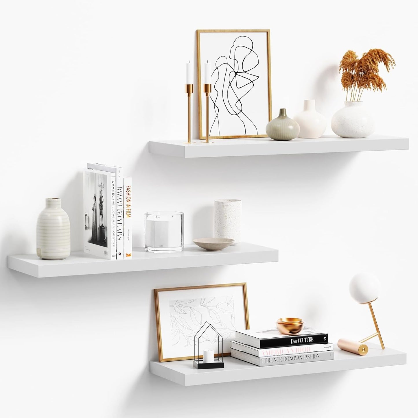 Floating Shelves for Wall, White Wood Wall Shelf Set of 3, 24" Wall Mounted Floating Shelf for Kitchen