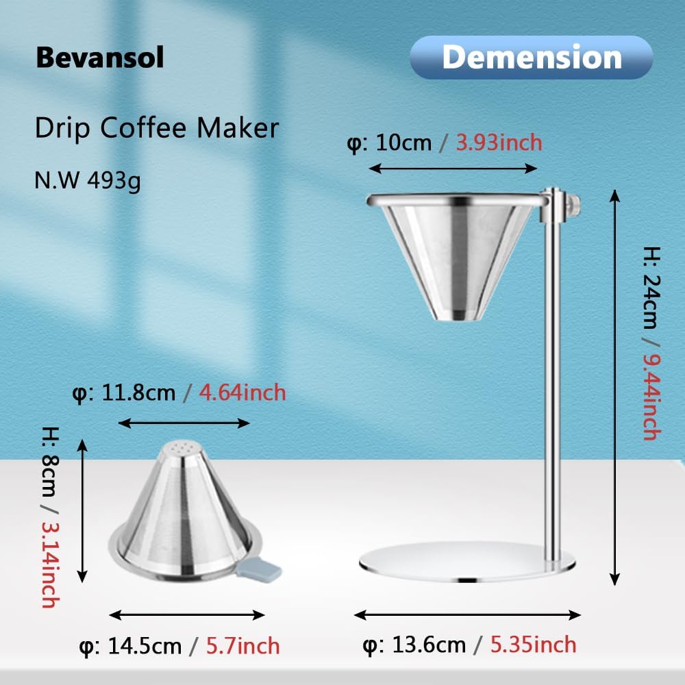Stainless Steel Pour Over Coffee Maker, Adjustable Stand, Double-layer Filter