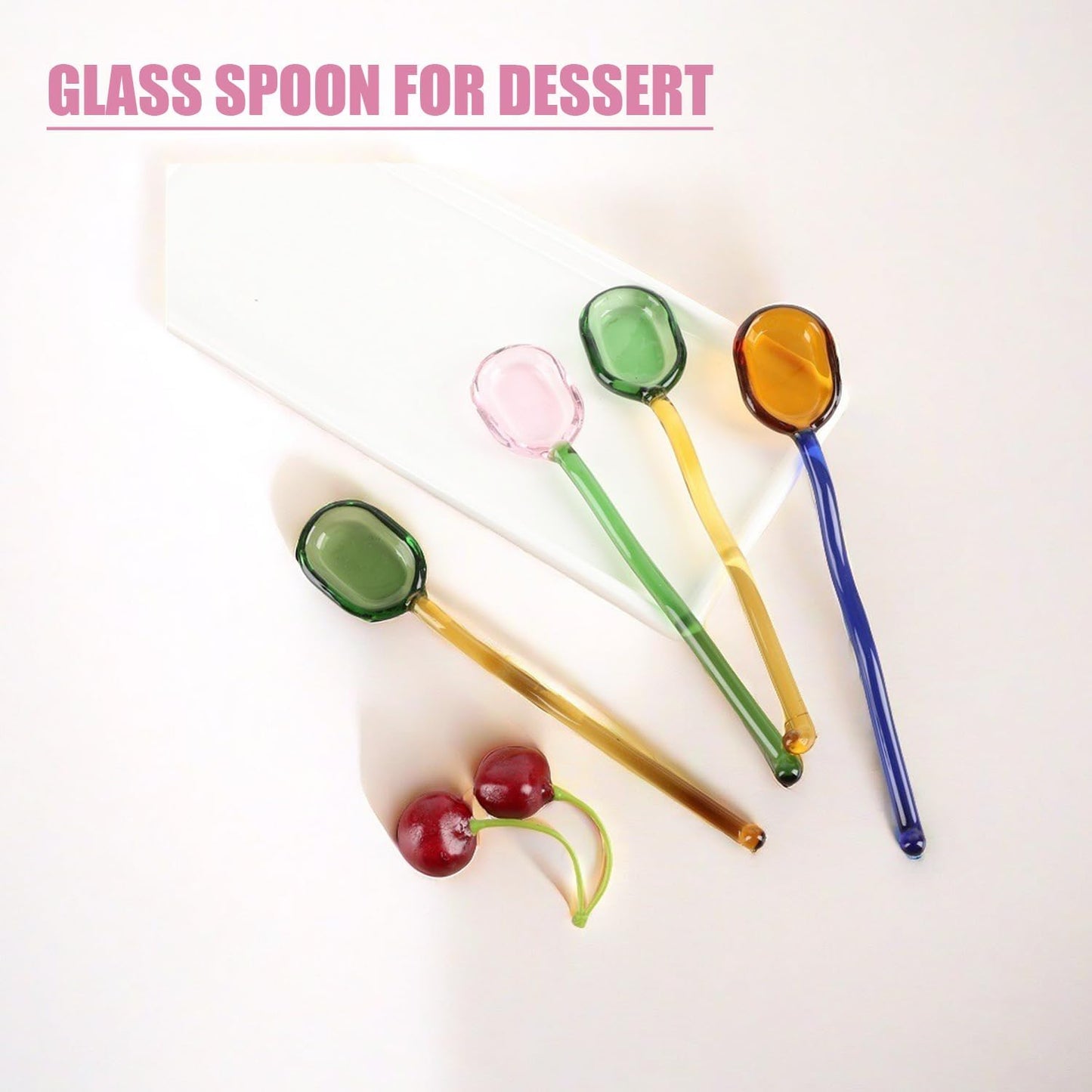 5 Pieces Glass Spoons, Creative Colored Transparent Coffee Milk Glass Dessert Stirring Spoon Curved Handle Tools for Tea Sugar Home Bar Party (Square)