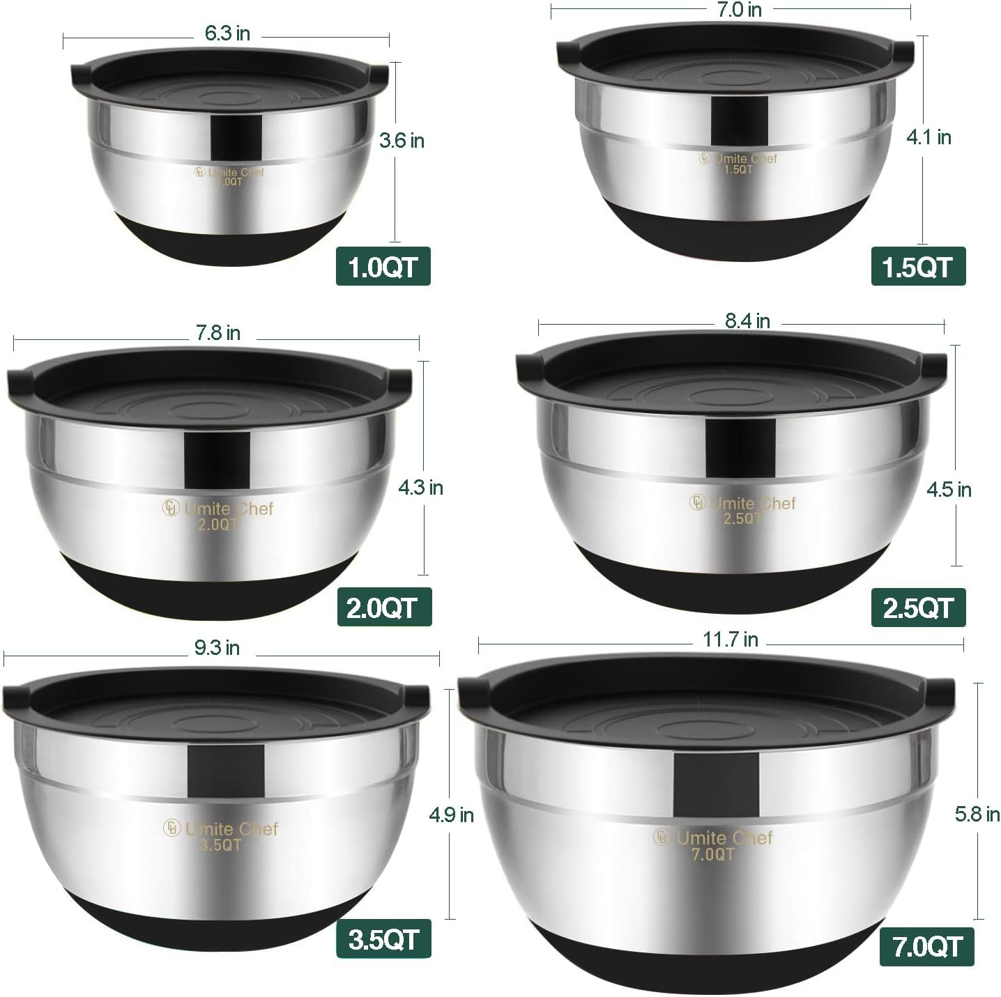 Umite Chef Mixing Bowls with Airtight Lids，6 piece Stainless Steel Metal Nesting Storage Bowls, Non-Slip Bottoms Size 7, 3.5, 2.5, 2.0,1.5, 1QT, Great for Mixing & Serving(Black)