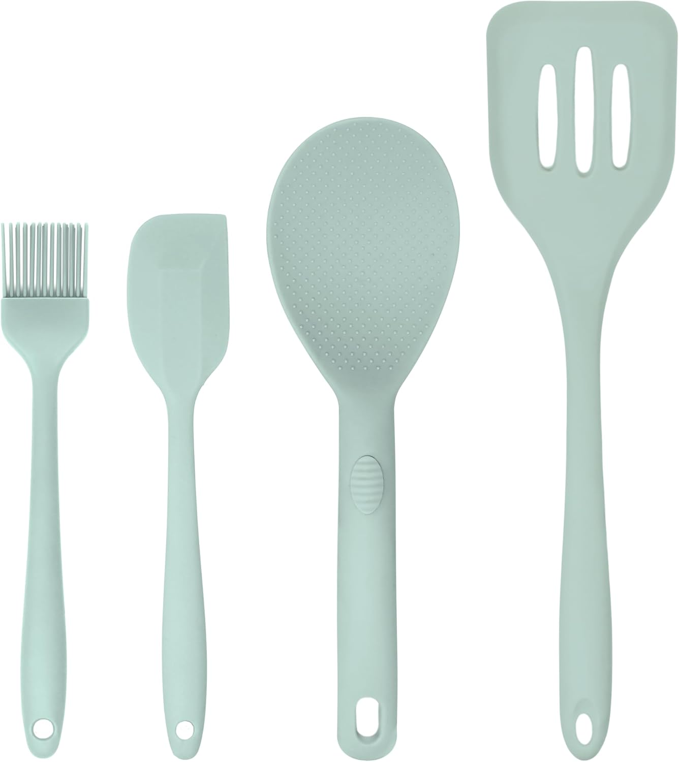 Silicone Utensils 4-Piece Set – Rubber Spatula, Pastry Brush, Slotted Turner, and Rice Paddle – Complete Heat-Resistant Set for Non-Stick Cookware – Kitchen Tools for Cooking and Baking – Pastel Green