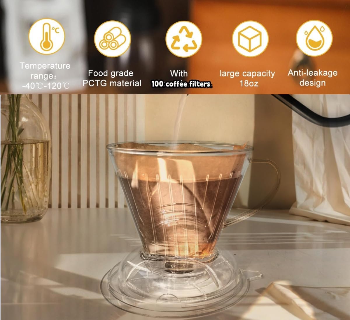 Coffee Dripper with Coffee Filters Drip Coffee Maker Pour Over 100 coffee Filters Large 18 oz BPA Free