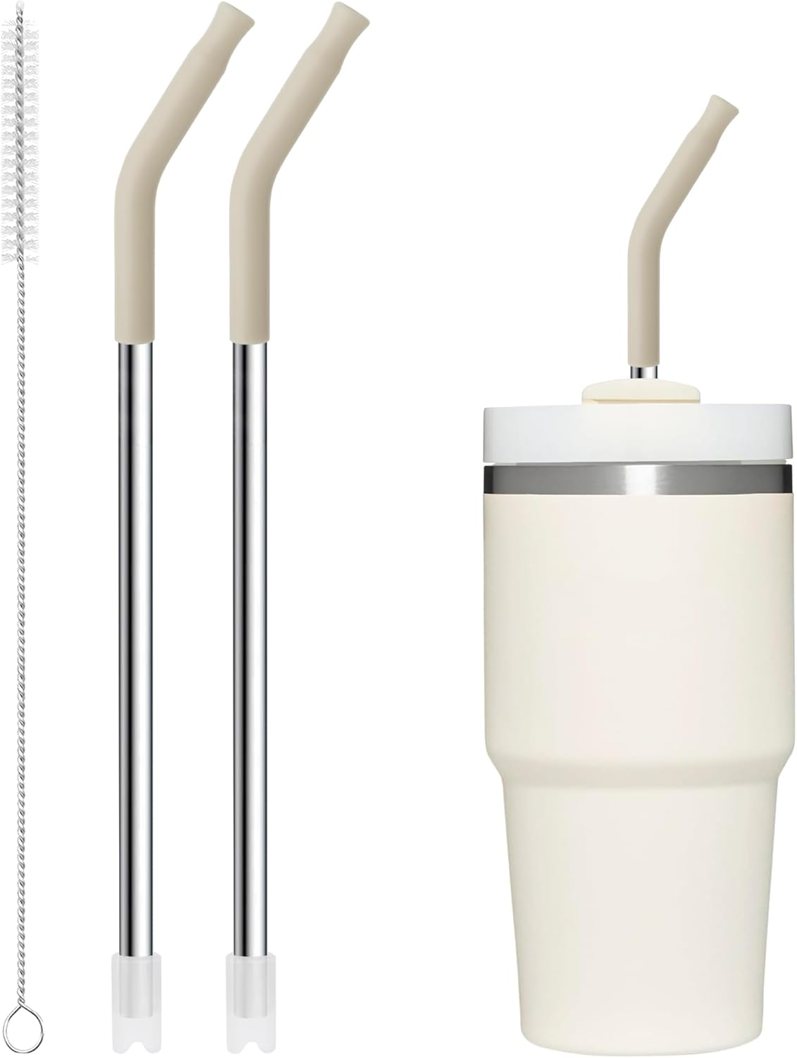 Snowfall 2 Pcs Replacement Metal Straws for Stanley 14 OZ, 20 OZ Tumbler, Stainless Steel Straws with Silicone Tip for 20 OZ Tumbler, Straw Brush (Cream Gray)