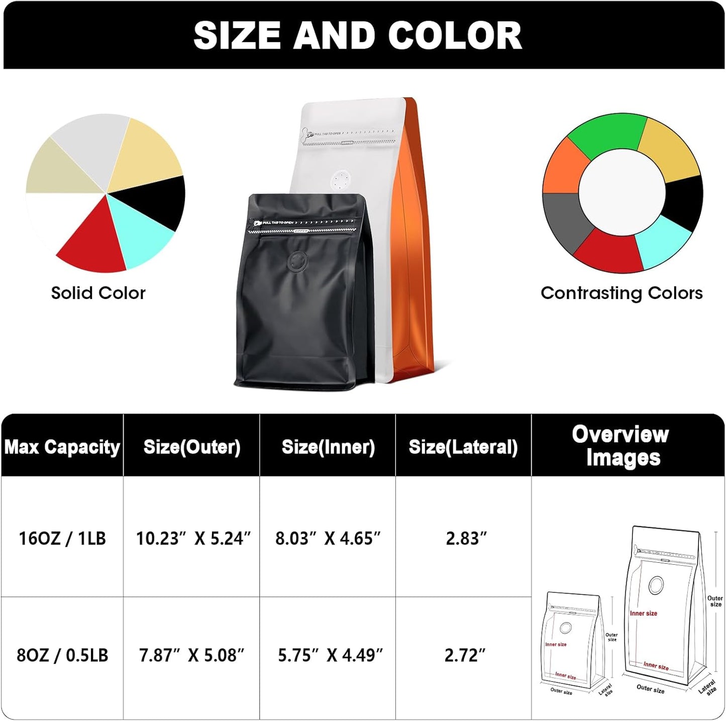 Coffee Bags with Valve(60pcs,8 oz,1/2 lb) Vented Coffee Beans Packaging Bags High Barrier Aluminumed Foil Flat Bottom Heat Sealed Side Zipper Resealable Storage Bag for Home or Business（White+Black）