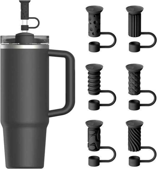 YOTIME Silicone Straw Covers Cap, 6 Pcs Reusable 0.39in/10mm Suction Cup Straw Toppers for Stanley Cup 40 30 oz, Black
