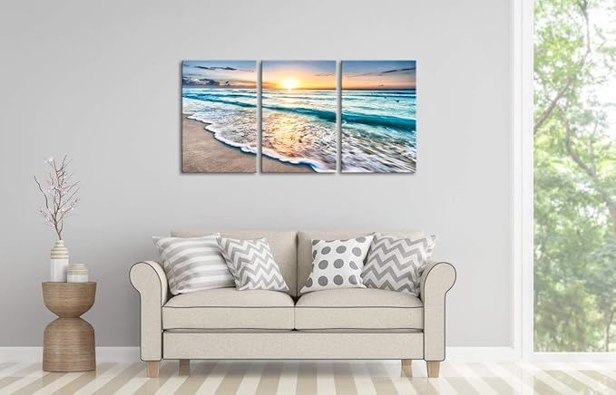 Wieco Art 3 Panels Blue Beach Sunrise White Wave Pictures on Canvas Wall Art - Image 5