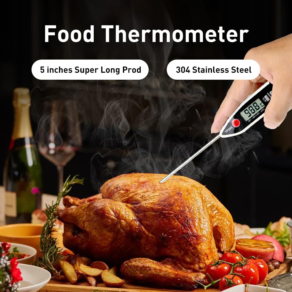 Wisebee Digital Meat Thermometer, Instant Read, ℃/℉ Switch, Long Stainless Steel Probe, Battery Powered, Food Thermometer for Cooking, Baking, Steak, Grilling and Frying (White)