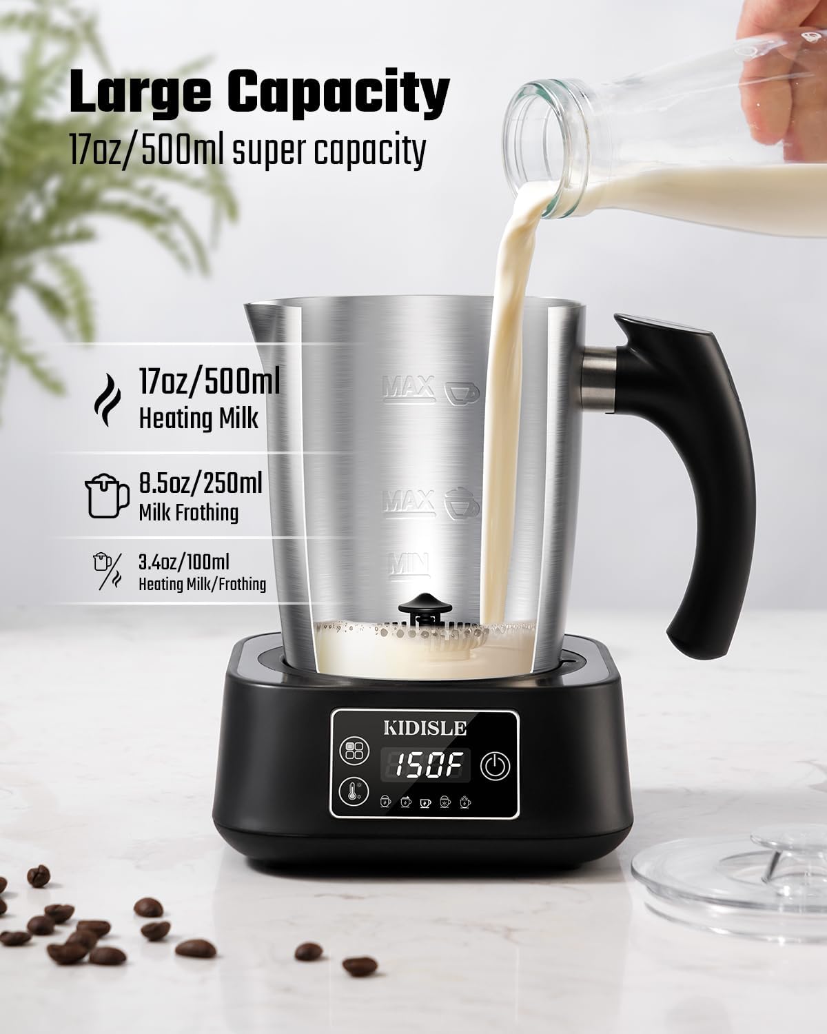 5-in-1 Milk Frother and Steamer, 17oz Detachable Frother with Adjustable Temperature, Stainless Steel Milk Steamer, Hot & Cold Foam Maker for Coffee, Latte, Hot Chocolate, Dishwasher Safe