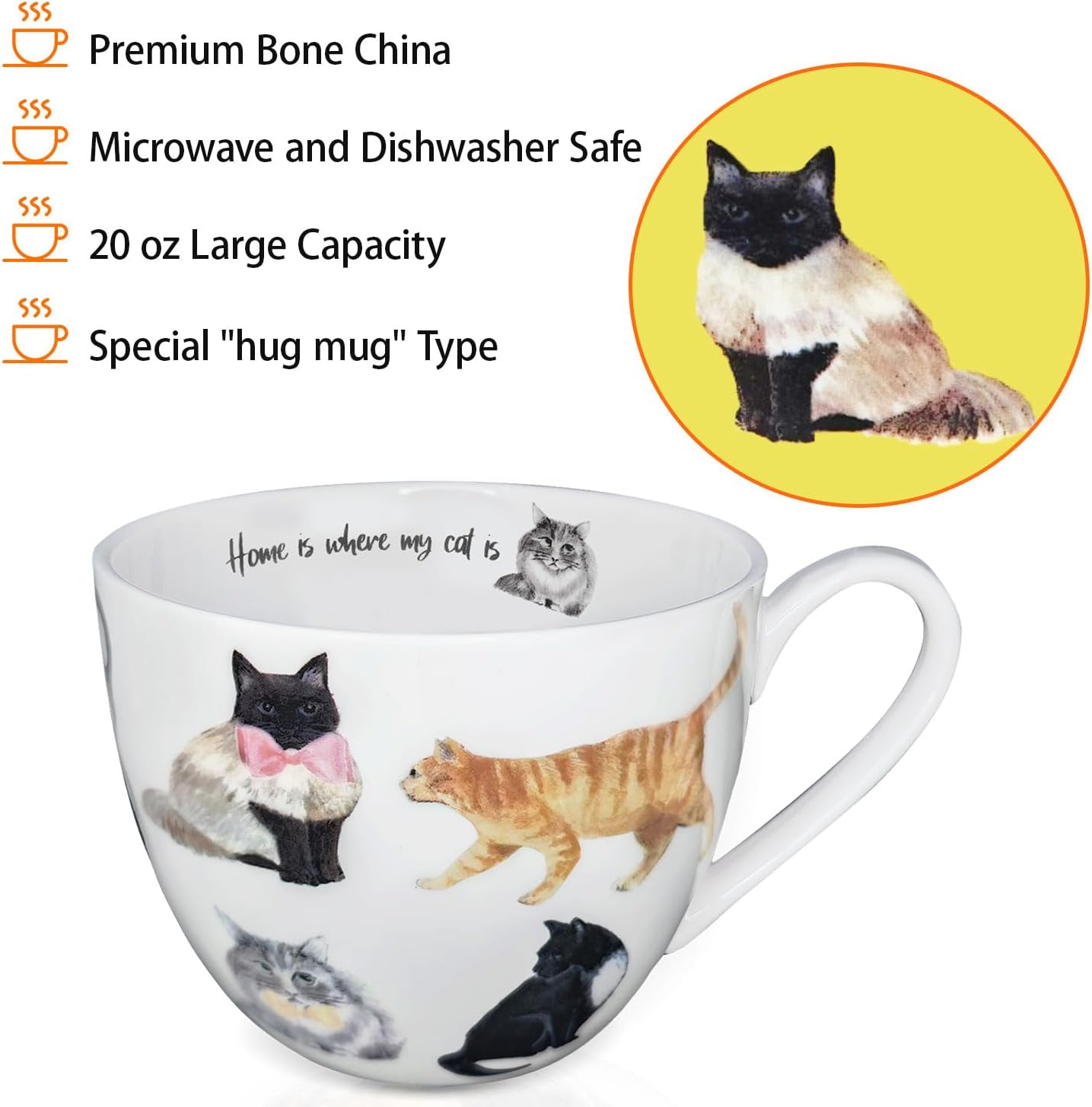 Cute Cat Mugs for Daily Coffee and Tea, Premium 20 oz Bone China Coffee Tea Hug Mug, Perfect Holiday and Birthday Gift for Cat Lovers, Designed in England by Harvest Green Studio