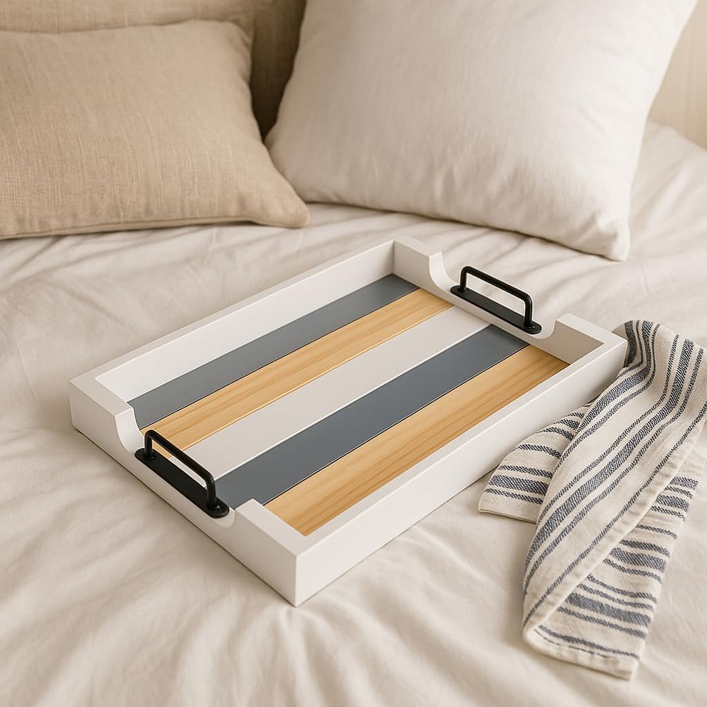 Wood Serving Tray with Metal Handle for Ottoman, Modern Rectangle Coffee Table Tray for Food Eating, White Decorative Tray, Size 17''x13'', Multicolor