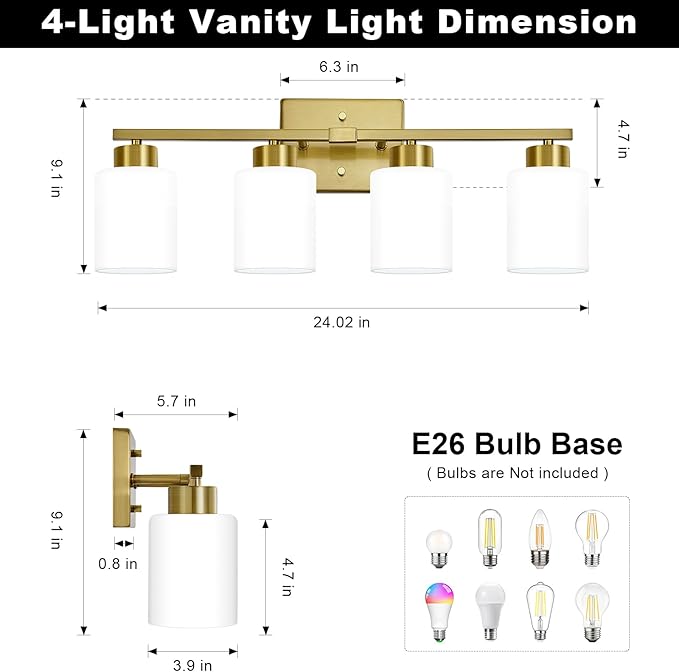 FonmYim Brushed Gold Bathroom Light Fixtures, 4-Light Modern Vanity Light Over - Image 2