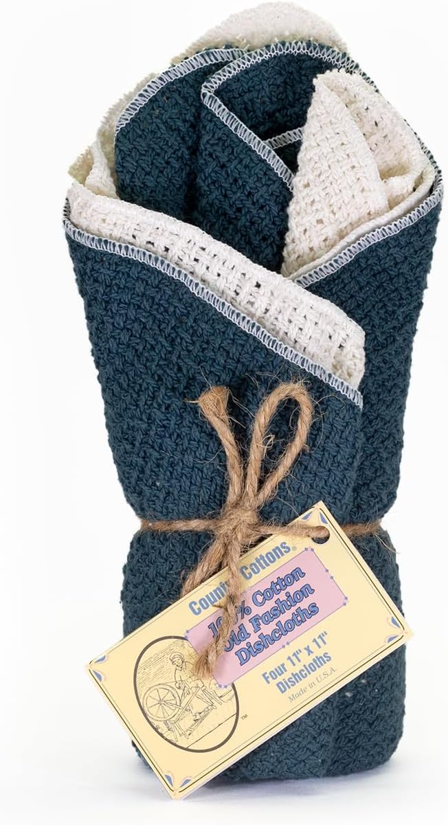 Old Fashion 100% Cotton Dishcloths - Set of 4 Mixed Colors - 2 Teal /2 Natural -11" x 11"