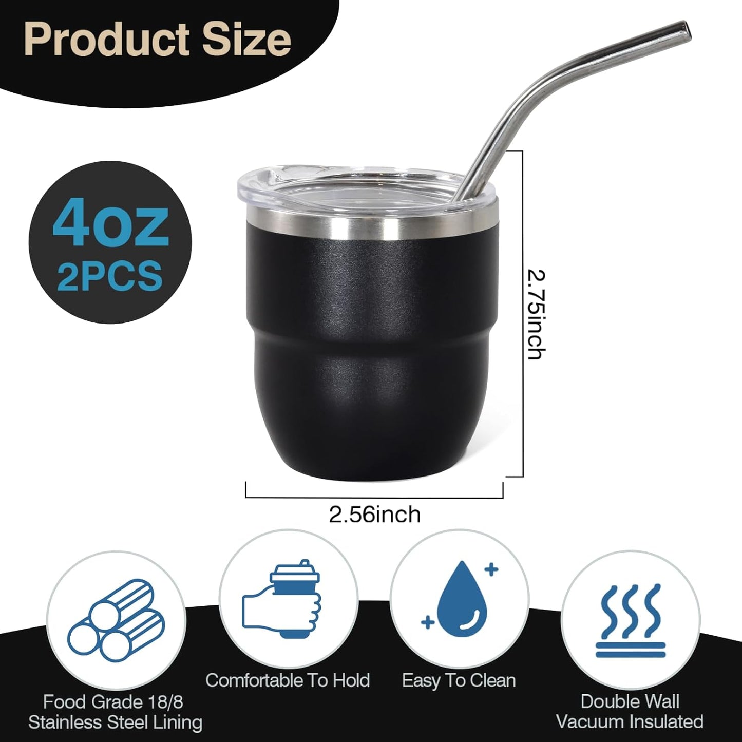 4oz Stackable Cup, Vacuum Insulated Espresso Cup Set of 2, Espresso Shot Glass for Coffee, Double Wall Stainless Steel Mini Tumbler Shot Glasses with Straw and Lid (A-black2P, 4oz)