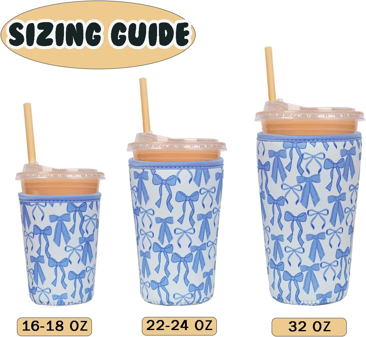 Reusable Insulated Neoprene Iced Coffee Cup Sleeve, Durable Drink Sleeve for Cold Beverages, Beverage Holder for Iced Coffee, Blue Bows