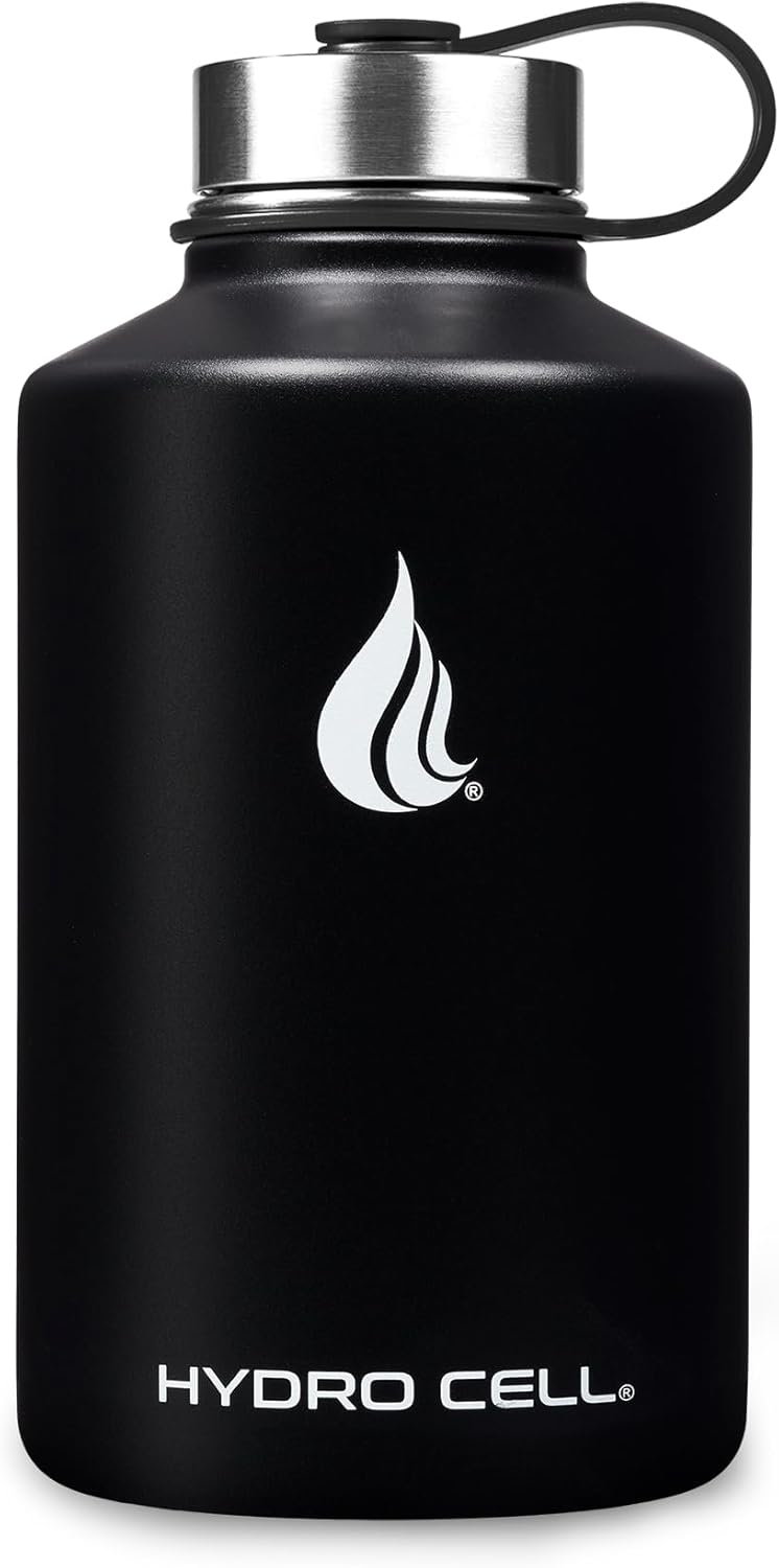 HYDRO CELL Stainless Steel Insulated Water Bottle with Straw - For Cold & Hot Drinks - Metal Vacuum Flask with Screw Cap and Modern Leakproof Sport Thermos for Adults (Black 64oz)