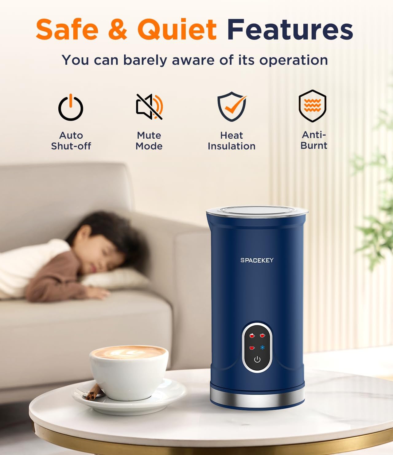 Spacekey Milk Frother, 4-in-1 Milk Frother and Steamer, Auto Shut-off Hot & Cold Foam Maker with Mute Mode, Temperature Control Electric Milk Frother for Coffee, Latte, Cappuccino, Macchiatos