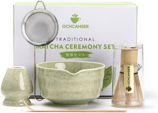 Matcha Set, Japanese Tea Set Includes Matcha Bowl with Spout, Matcha Whisk Holder, Bamboo Matcha Whisk and Bamboo Scoop, 17 oz Mottled Tea Green Glaze Ceramic Matcha Kit for Tea Lovers