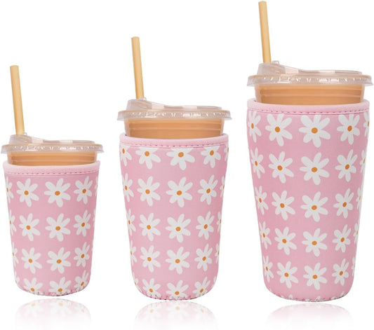 Reusable Insulated Neoprene Iced Coffee Cup Sleeve, Durable Drink Sleeve for Cold Beverages, Beverage Holder for Iced Coffee, Pink Daisies