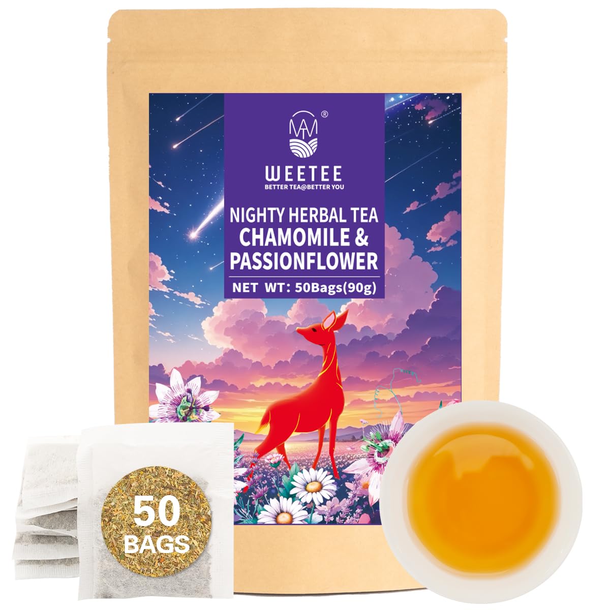 WT WEETEE Chamomile & Passionflower Nighty Herbal Tea Bags 50 Counts, Includes Spearmint, Valerian Root, Lavender, Peppermint & More, Natural Caffeine-free