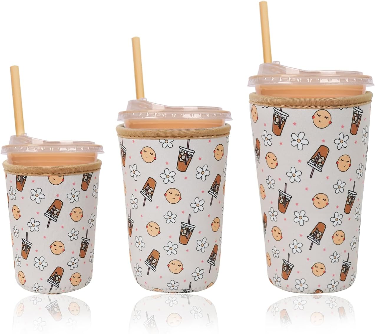 Reusable Insulated Neoprene Iced Coffee Cup Sleeve, Durable Drink Sleeve for Cold Beverages, Beverage Holder for Iced Coffee, Beige Coffee