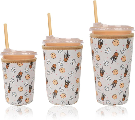 Reusable Insulated Neoprene Iced Coffee Cup Sleeve, Durable Drink Sleeve for Cold Beverages, Beverage Holder for Iced Coffee, Beige Coffee