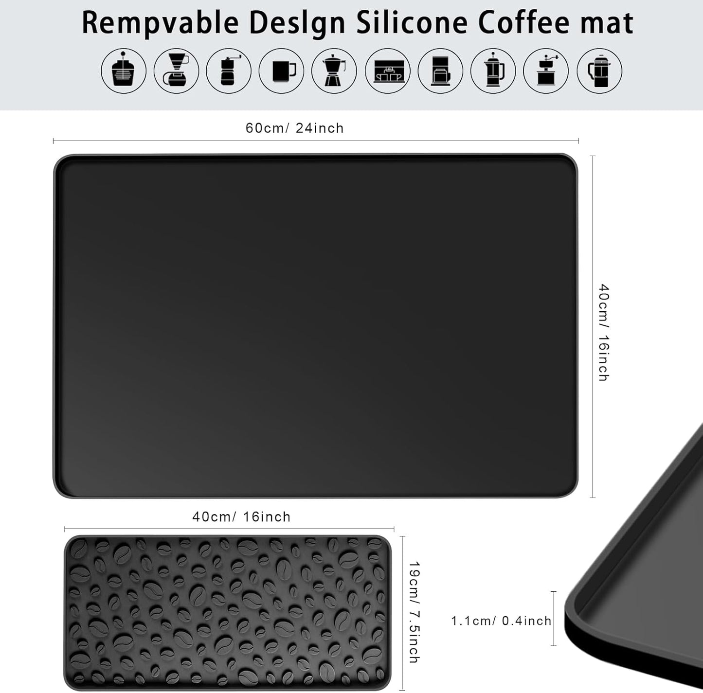 Silicone Coffee Bar Mat 24''x16'' Non-Slip Coffee Maker Mat, Heat-resistant Silicone Mat Detachable Dish Drying Mats for Kitchen Countertops, Station Mat, Waterproof Under Pad (black, 24''x16'')