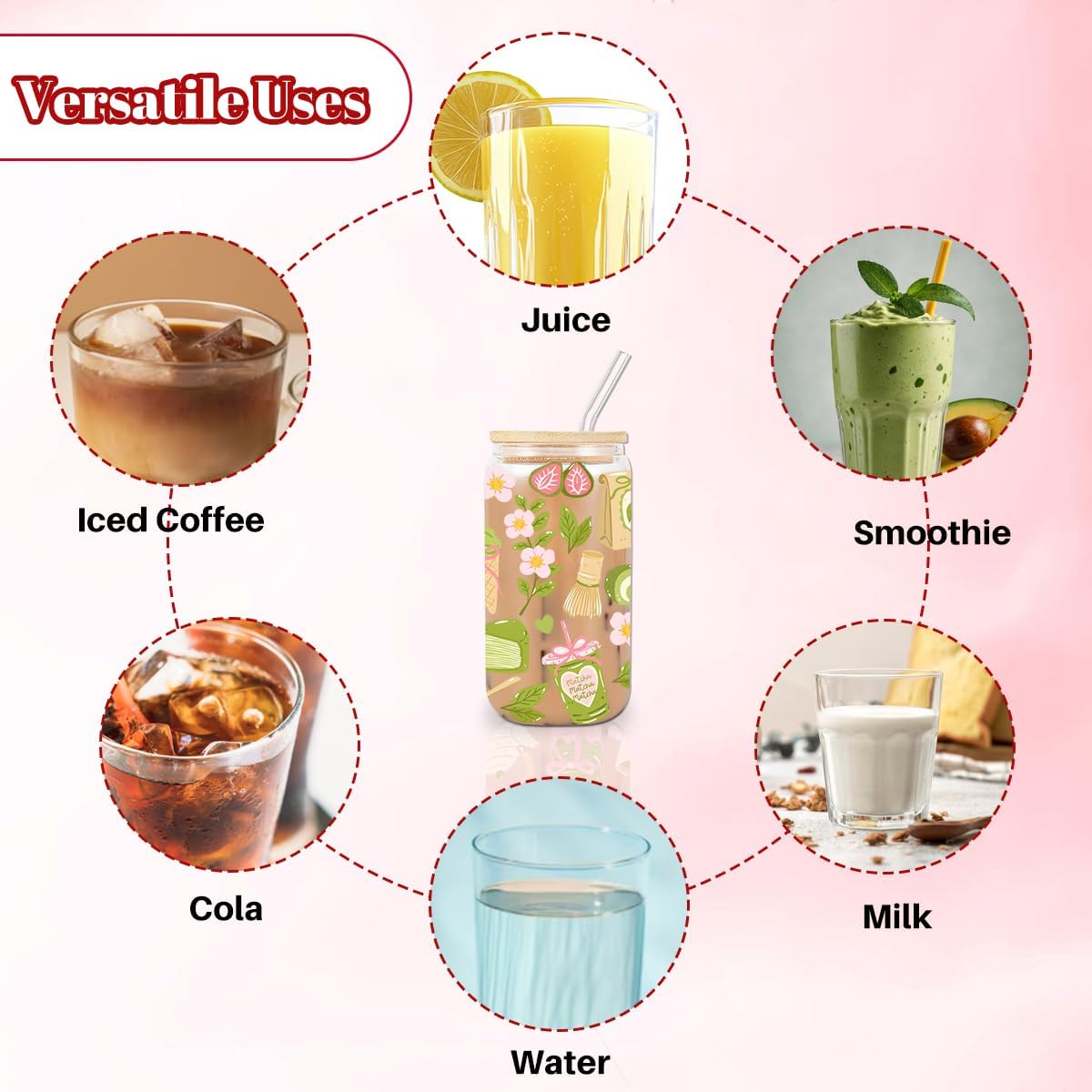 Matcha Girly Glass Cup, Matcha Lovers Gift, Kawaii Latte Girly Glass Tumbler, 16 oz Cafe Aesthetic Iced Coffee Cup with Lid Straw