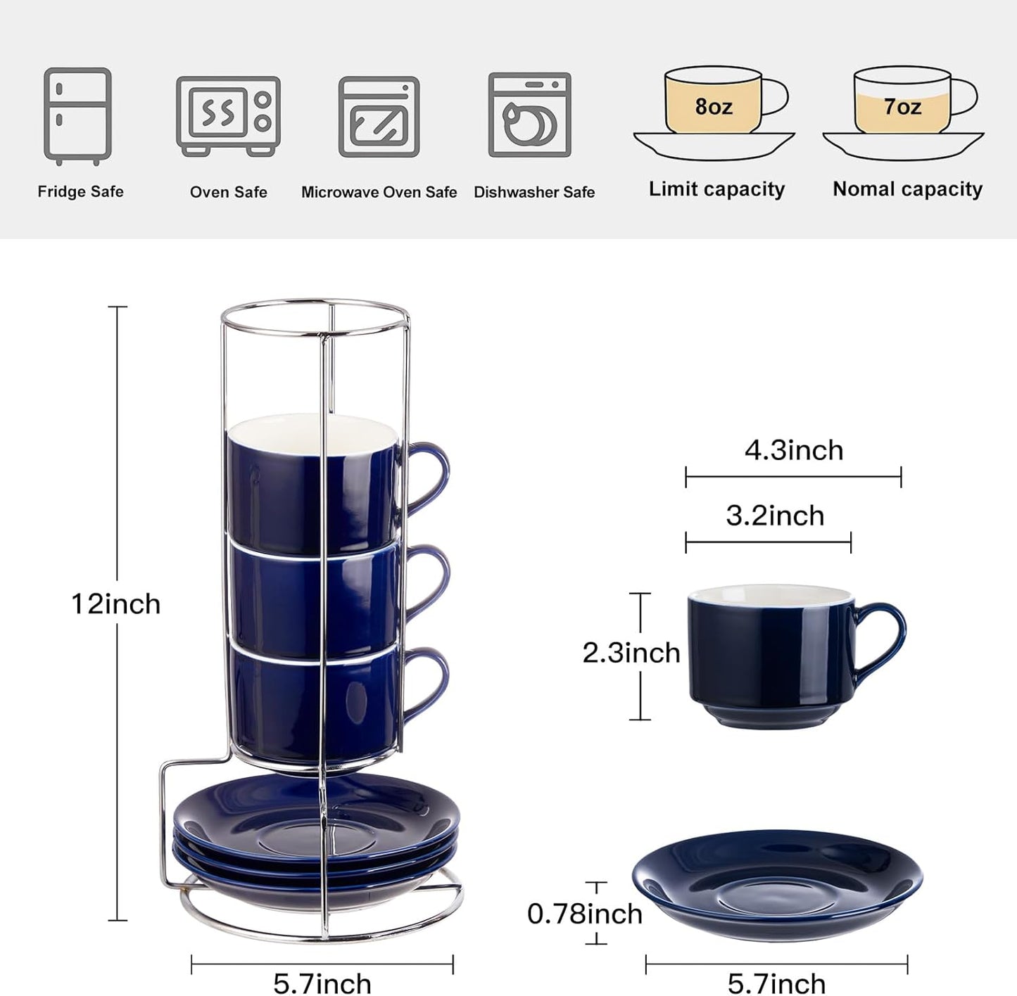 8 Ounce Porcelain Cappuccino Cups with Saucers and Silver Stand, Navy Cups Set of 4