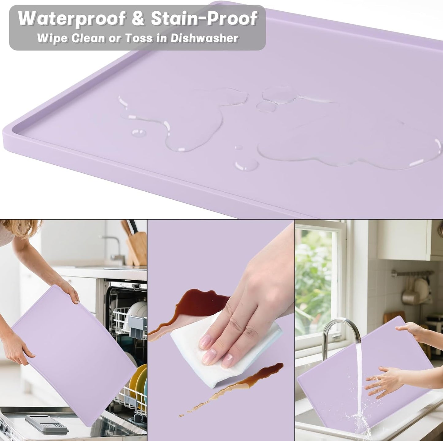 Rnivvi Silicone Coffee Mat, 16" x 24" Waterproof Raised Edge Coffee Bar Mats for Espresso Machine Station Accessories, Heat Resistant Detachable Dish Drying Pad for Kitchen Counter, Dish Rack, Purple