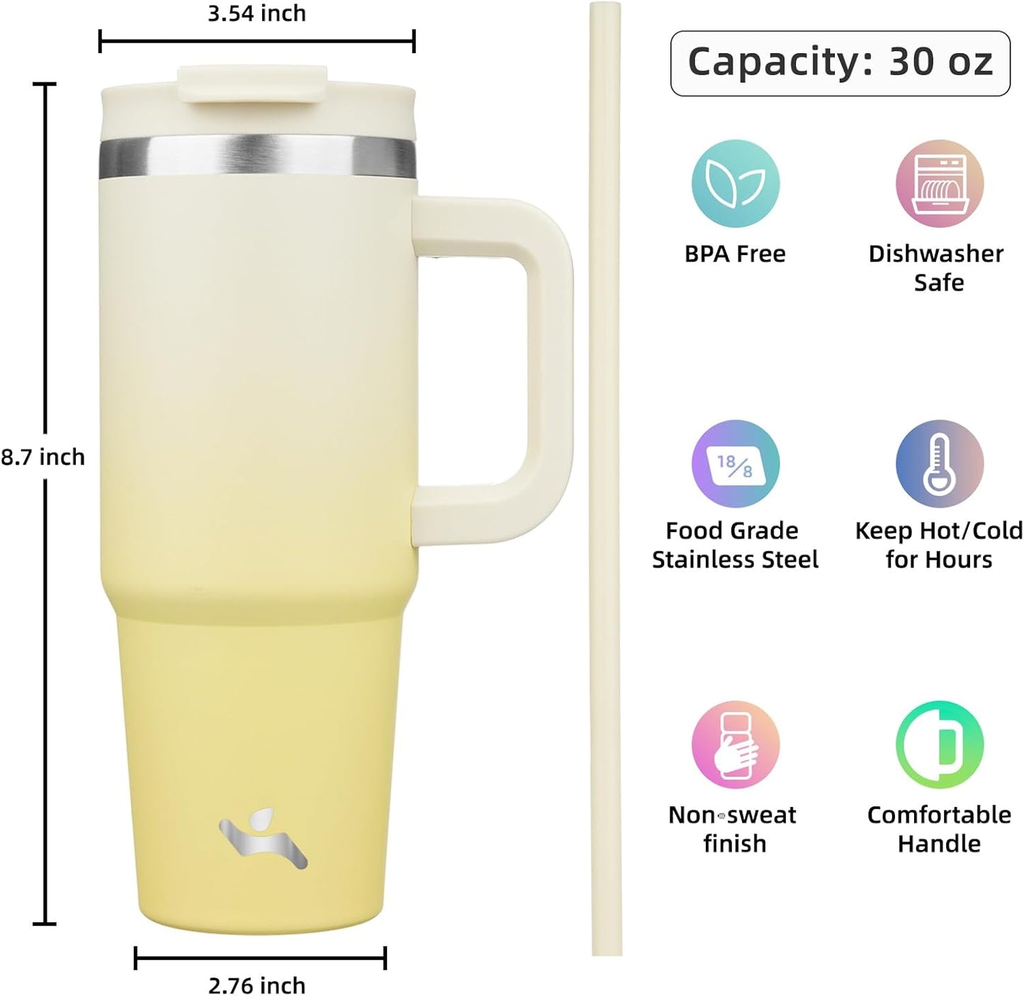 30 oz Tumbler with Handle and 2 Straws,2 in 1 Lid Insulated Water Bottle Stainless Steel Travel Coffee Mug,Lemon