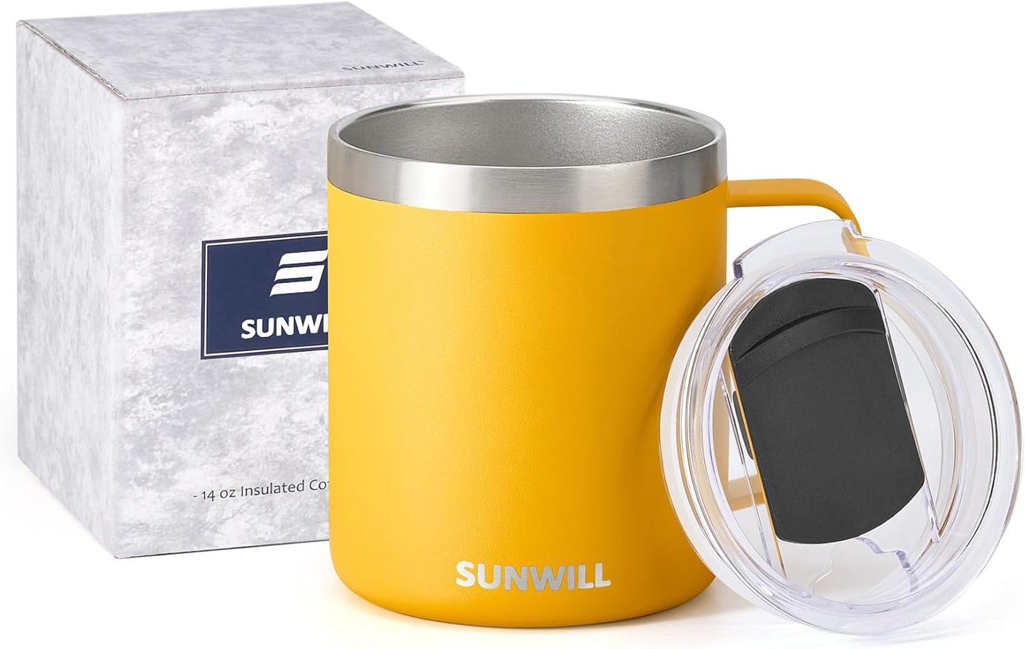 SUNWILL Insulated Coffee Mug with Lid, Travel Tumbler with Handle, 14 oz Stainless Steel Cup for Camping, Office, Home, Powder Coated Yellow