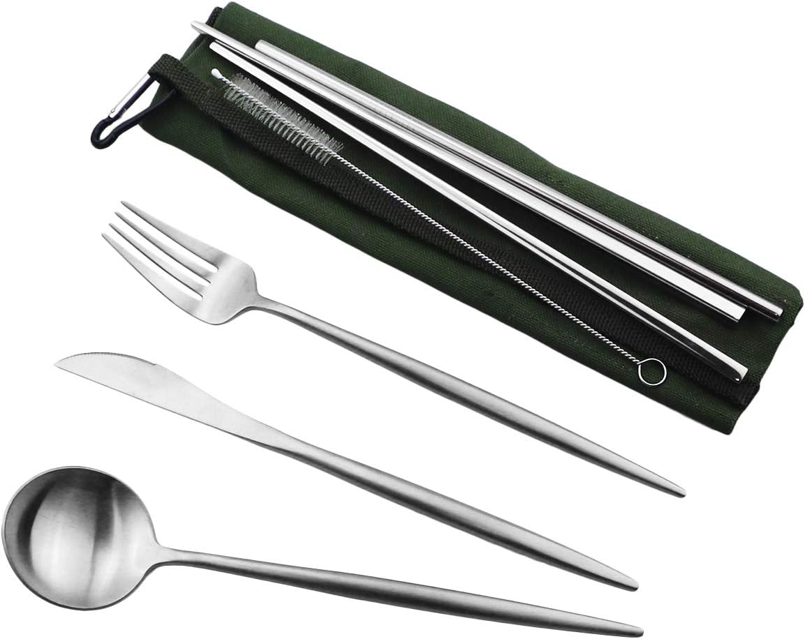 Gugrida Reusable Travel Utensils, 7 Pieces Portable 18/10 Stainless Steel include Knife Fork Spoon Chopsticks Cleaning Brush Straws Portable Pouch, Eco-friendly Camping Silverware Set, Dishwasher Safe