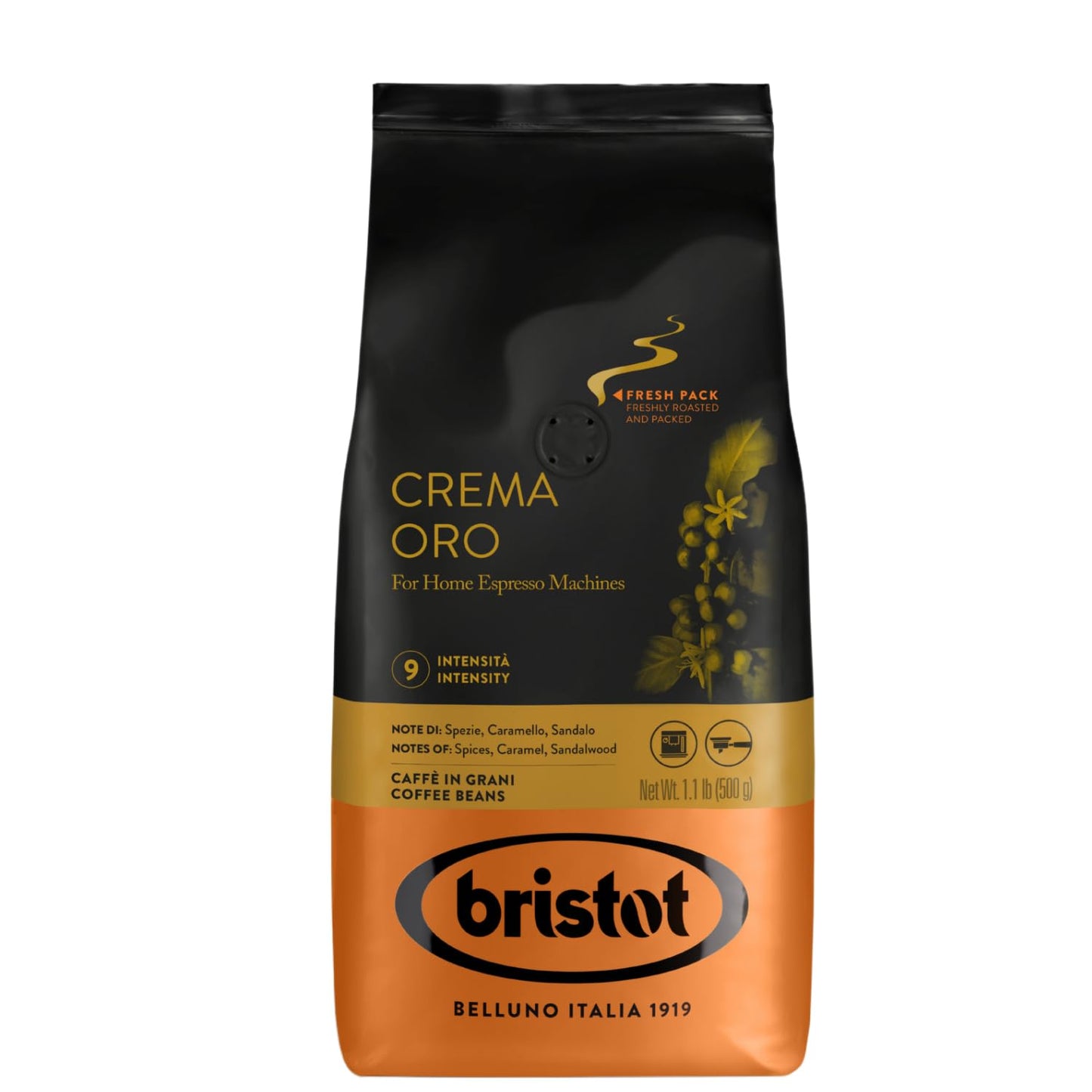 Bristot Crema Oro Italian Espresso Beans | Italian Beans Whole | Medium Roast | 1.1lb/500g