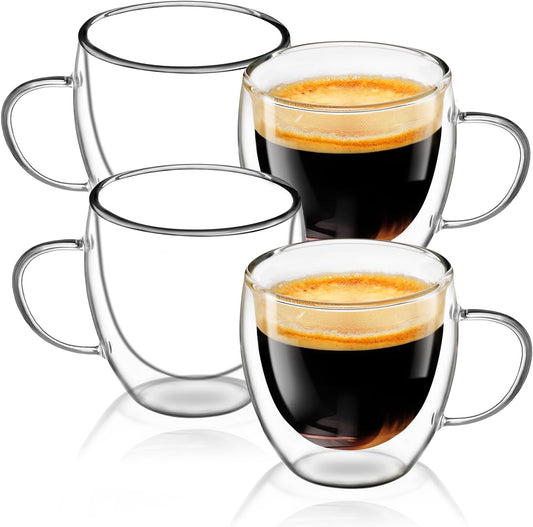 Espresso Cups Set of 4, 5 OZ Expresso Shots Glass Cups, Double Walled Glass Coffee Mugs with Handles, Espresso Machine Accessories, Insulated Espresso Shot Glasses, Clear Nespresso Cup for Cappuccino