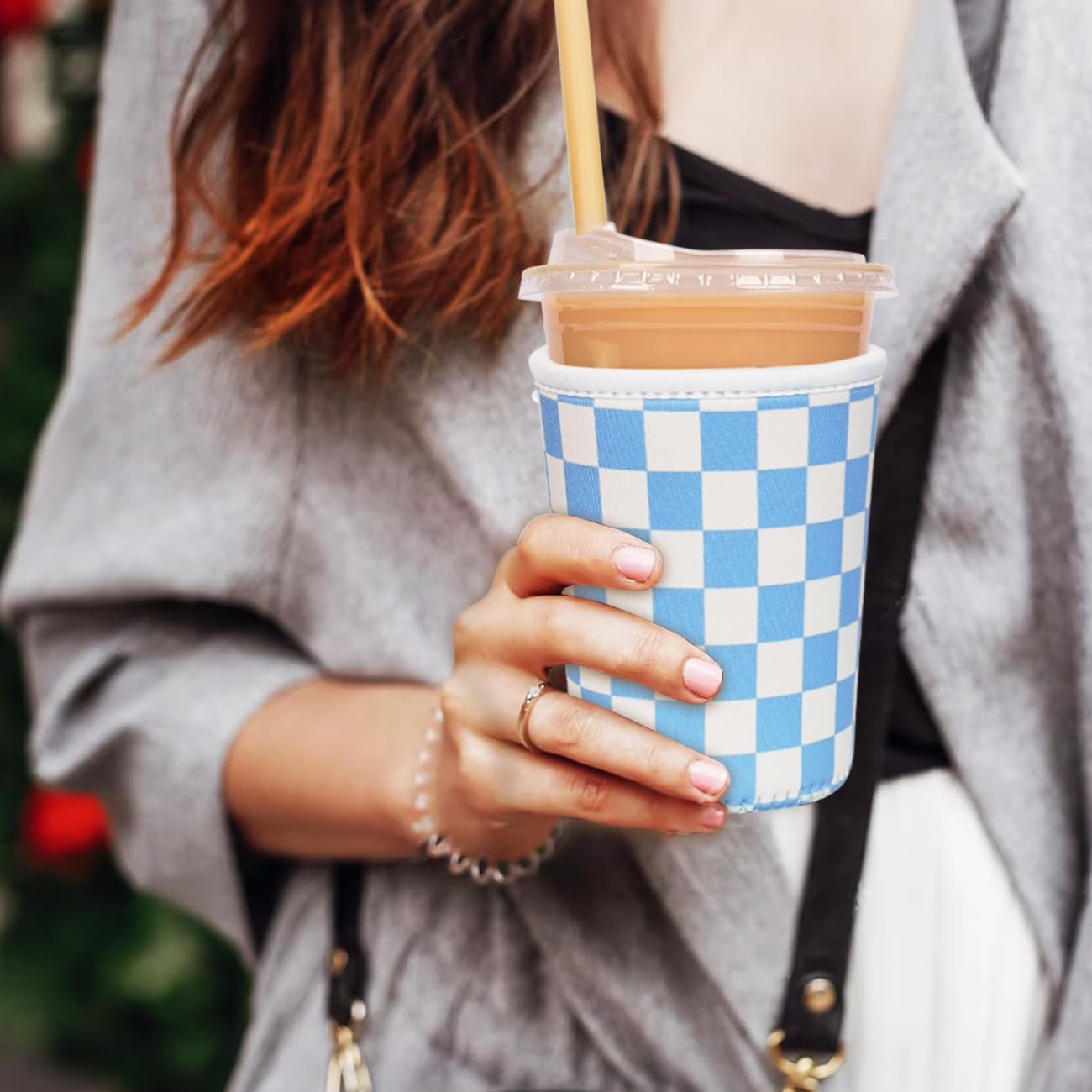 Reusable Insulated Neoprene Iced Coffee Cup Sleeve, Durable Drink Sleeve for Cold Beverages, Beverage Holder for Iced Coffee, Blue Grid