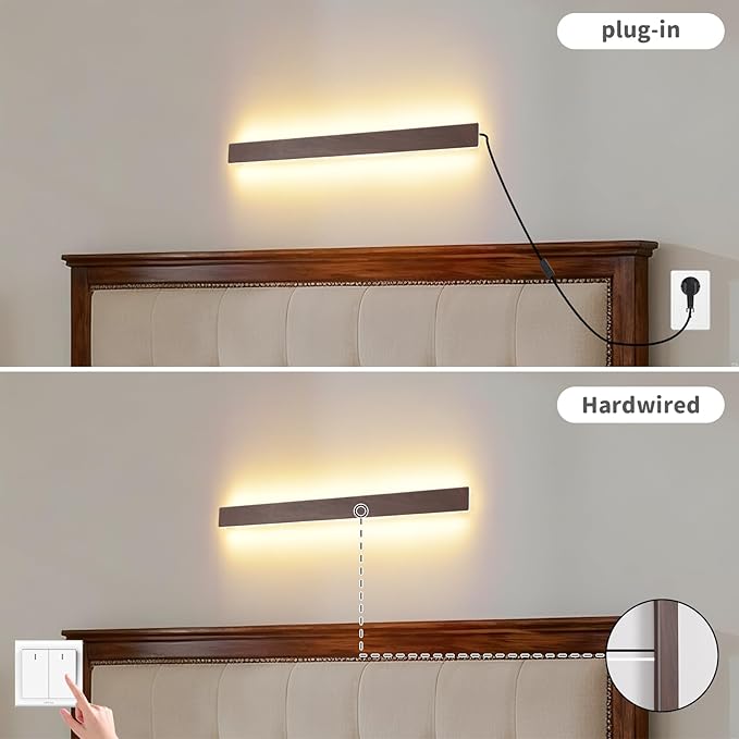 Farmhouse Plug in Wall Sconces, 23.6 inch Faux Walnut Finish LED Long Wall - Image 4