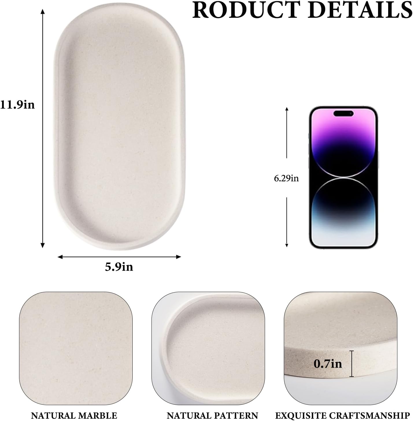 Koville Creamy White Marble Tray for Bathroom, 12"x6" Natural Luxury Marble Vanity Tray for Home Decor Countertop, Stone Oval Trays for Perfume & Jewelry Organizer, Stone Storage Trays